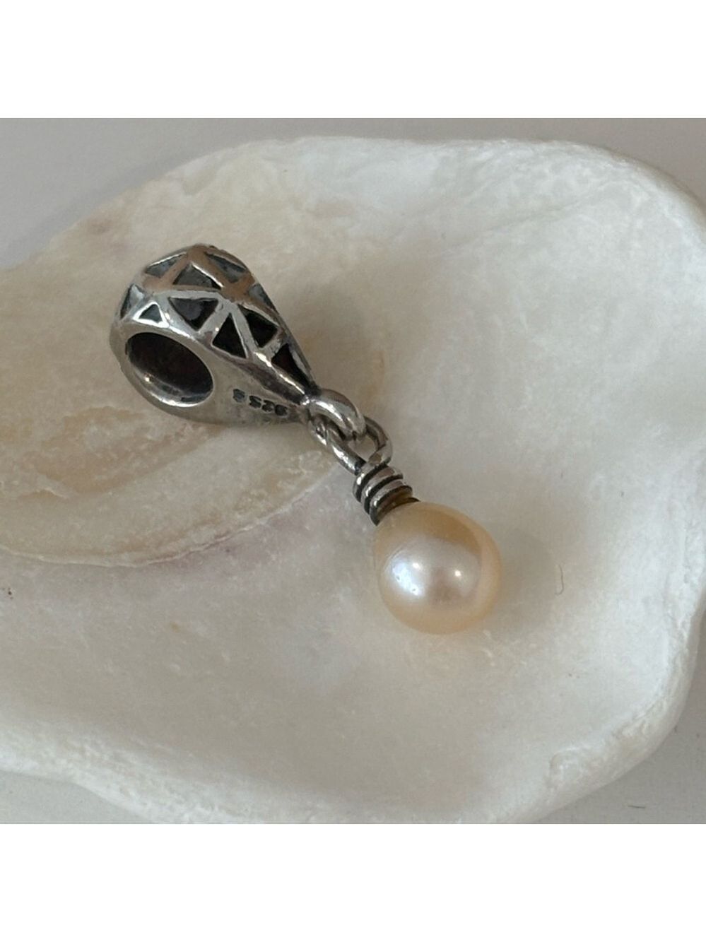 TROLLBEADS white pearl drop charm sterling silver marked 925 LAA retired bead